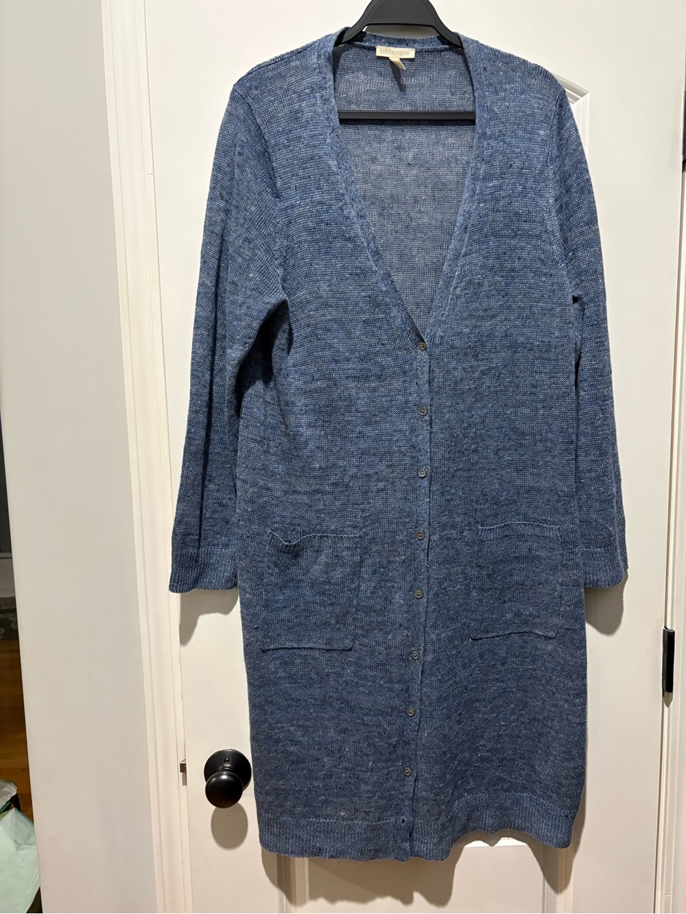 Eileen Fisher XL Blue 100% Organic Linen Long Duster Cardigan Sweater - Picture 2 of 8